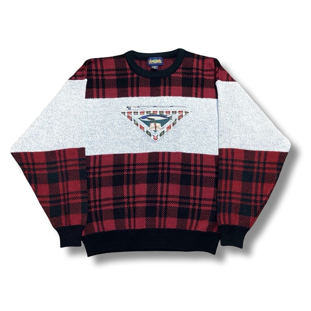 Vintage Wool Plaid Sweater Mens XL Plaid/Grey Fishing Embroidered Logo Red/Black